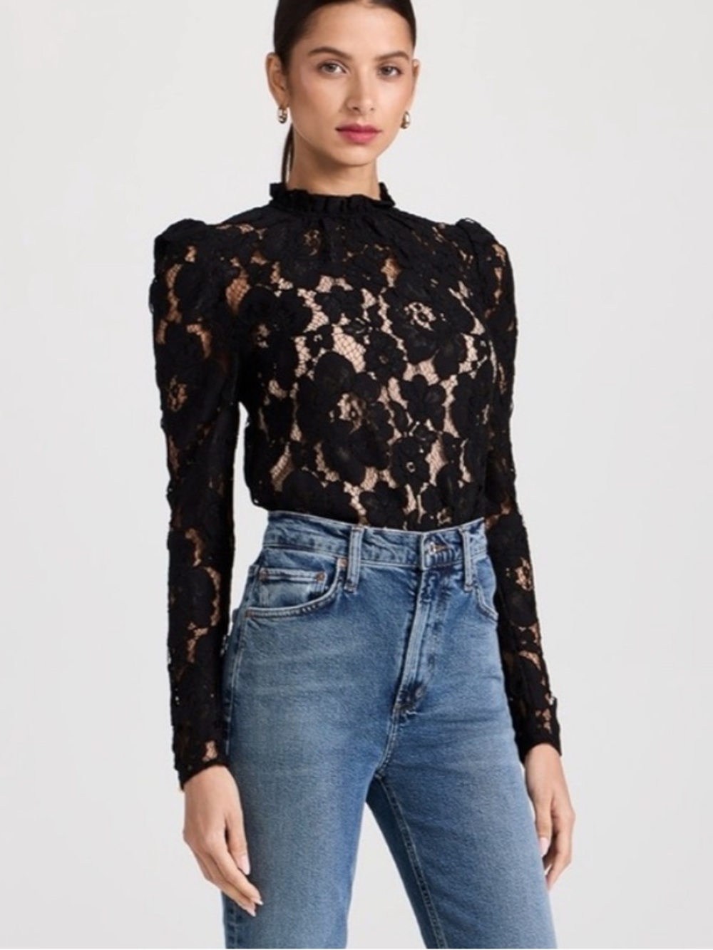 WAYF Emma Puff Sleeve Lace Top Black Floral Lace Blouse Size Small